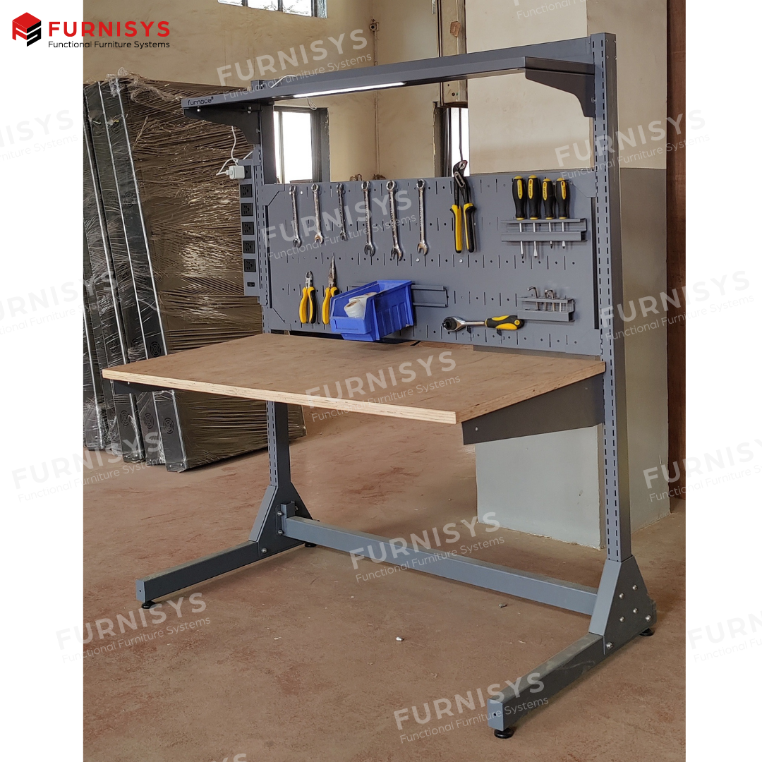 Modular Work Bench - Crca Tubes & Sheets, 3-5 Feet Height, 5-8 Feet Width, Silver/grey/blue/black | Versatile Industrial Solution With 50-450 Kg Loading Capacity