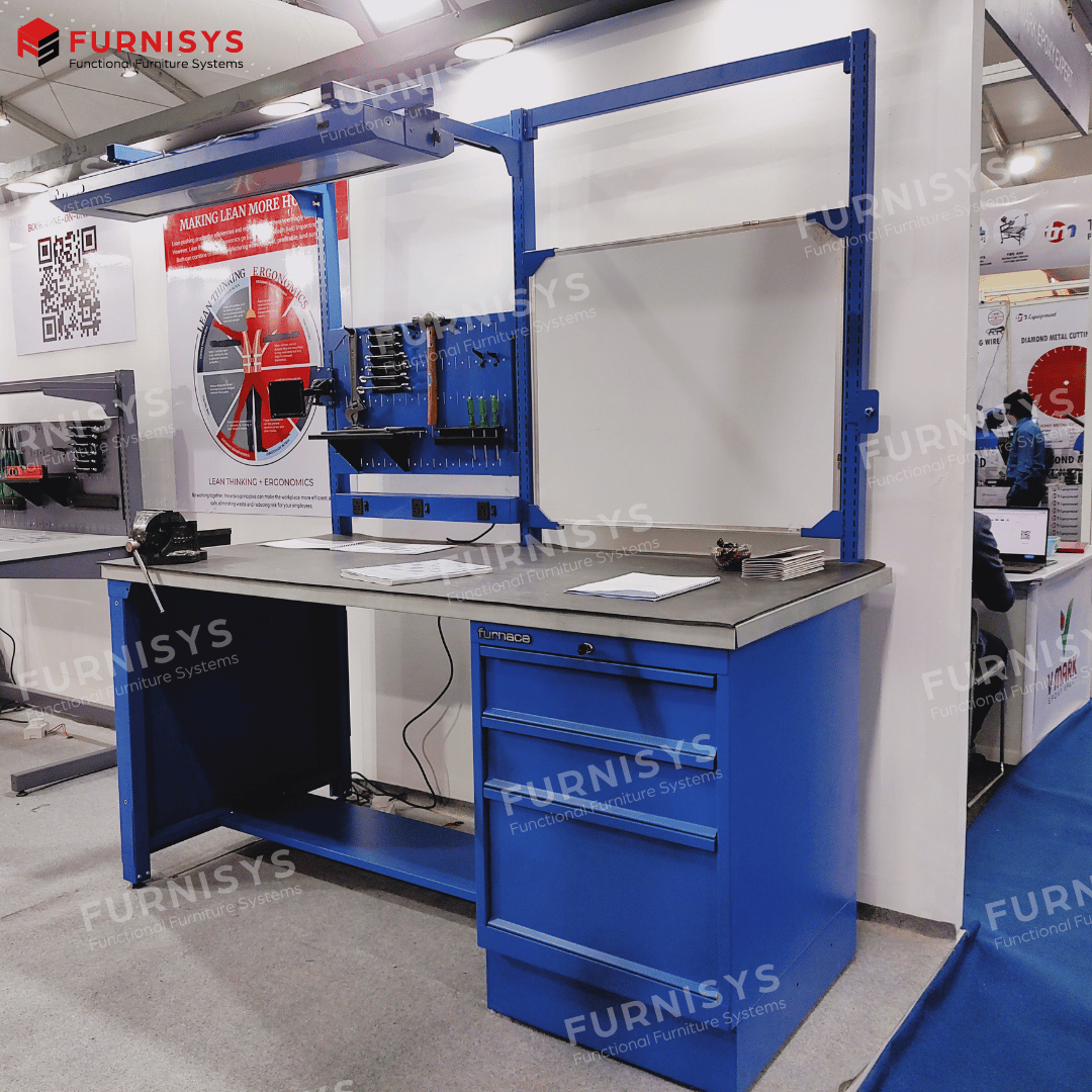 Industrial Work Benches - Mild Steel, 3-5 Feet Height, 5-8 Feet Width, Blue Color | Industrial Use, 50-450 Kg Loading Capacity