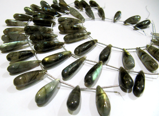 Natural Labradorite Long Tear Drop Plain Beads 1 Inch Long Strand 8'' Long