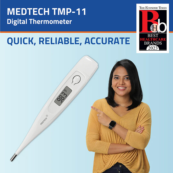 Medtech Handy Tmp 11 Digital Thermometer - Plastic Lcd Display, High Accuracy Sensor, Mercury-free, Fast Readings Under One Minute, Automatic Shut-off, Memory For Last Reading, Compact Storage Case Included