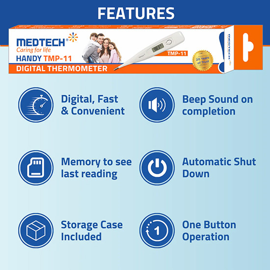 Medtech Handy Tmp 11 Digital Thermometer - Plastic Lcd Display, High Accuracy Sensor, Mercury-free, Fast Readings Under One Minute, Automatic Shut-off, Memory For Last Reading, Compact Storage Case Included