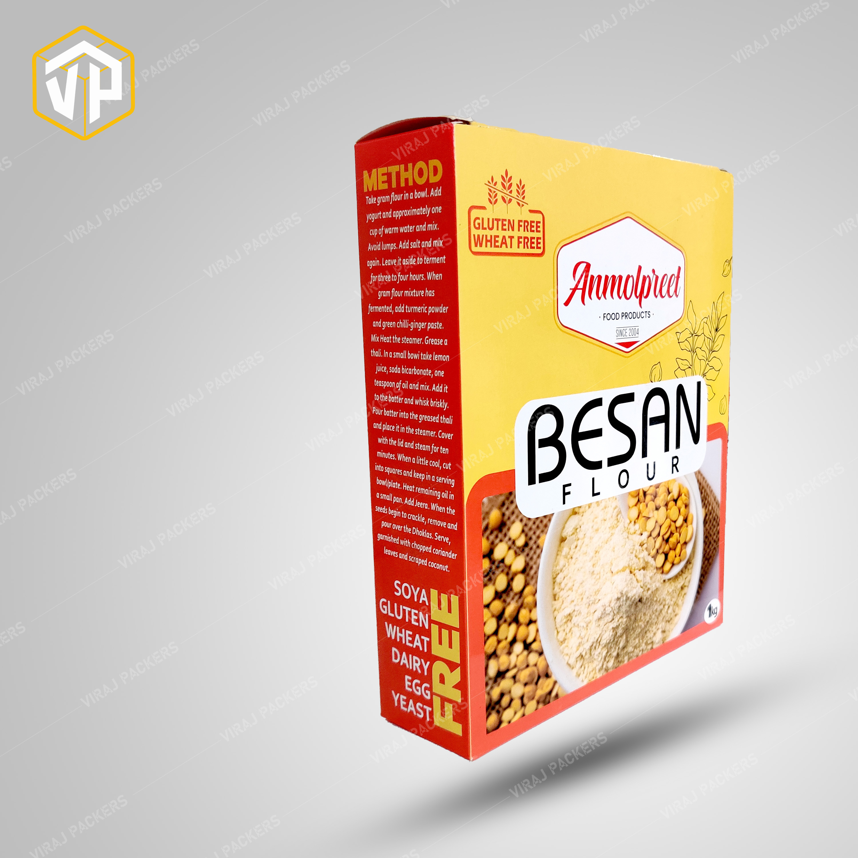 Customized Besan Flour Packaging Boxes - Food-grade Eco-friendly Kraft Paper, Glossy Lamination Finish | Custom Sizes, Moisture-resistant, Vibrant Uv Offset Printing