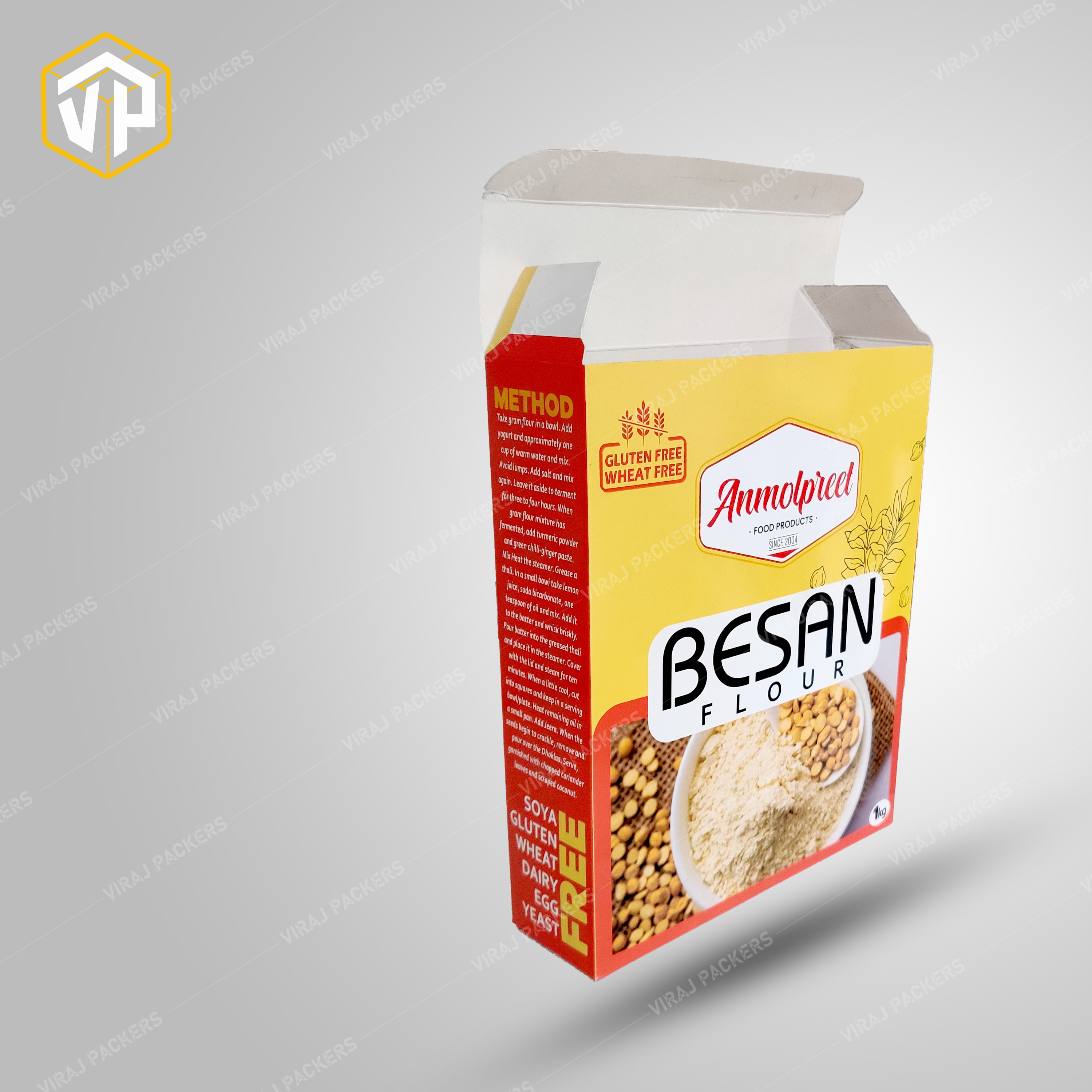 Customized Besan Flour Packaging Boxes - Food-grade Eco-friendly Kraft Paper, Glossy Lamination Finish | Custom Sizes, Moisture-resistant, Vibrant Uv Offset Printing