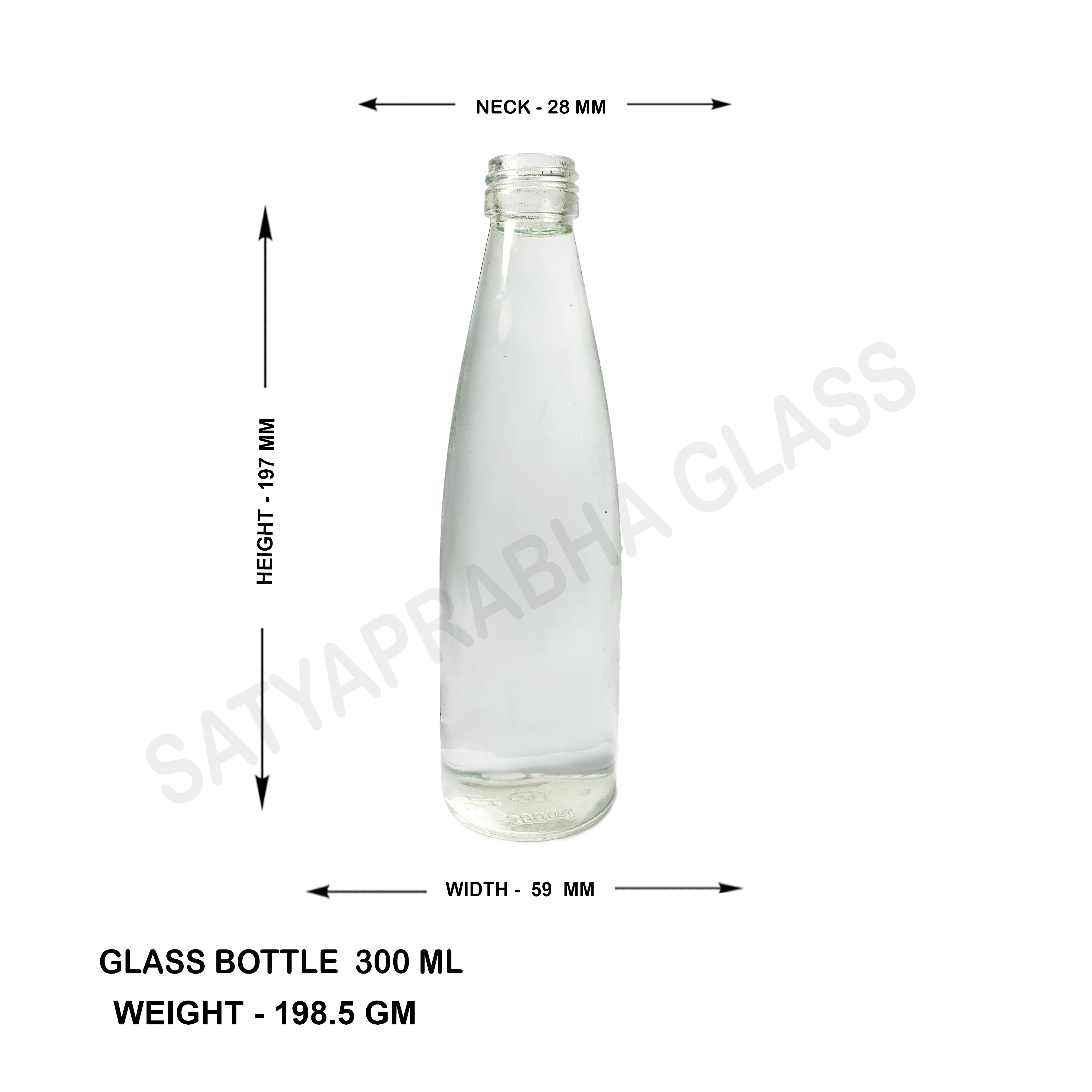 300 Ml Glass Bottle - 197 Mm Height, 59 Mm Diameter, Transparent Color | Screw Cap Sealing, Round Shape, Durable Glass Material