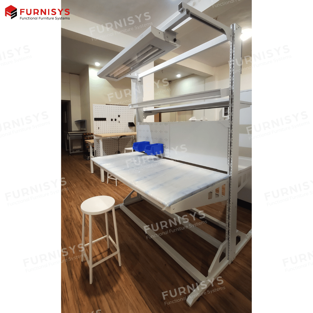 Mild Steel Assembly Workbench - 3-5 Feet Height, 5-8 Feet Width, Grey Color | Fabtech Laboratory Furniture With 1 Year Warranty, Machine Cutting Technology, 50-450 Kg Loading Capacity