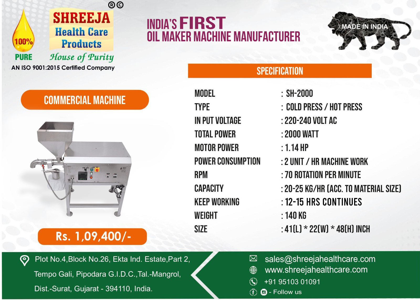 Oil Expeller Machine - Stainless Steel, 41x22x48 Inch, 2000 W Power, 20-25 Kg/hr Production Capacity, 1 Year Warranty, Automatic Control System