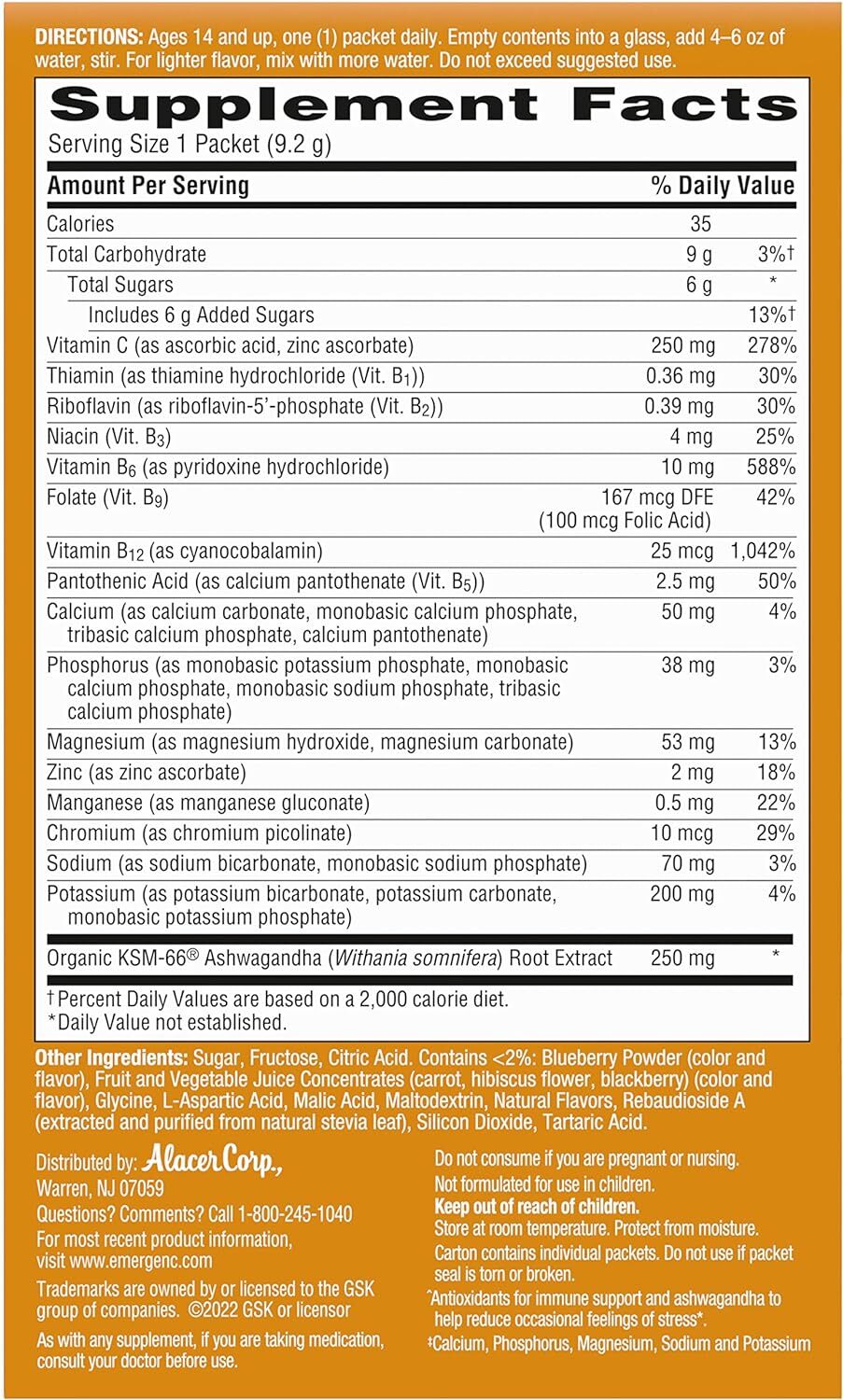 Emergen-c Vitamin C Ashwagandha Drink Mix, Dietary Supplement - 18 Count