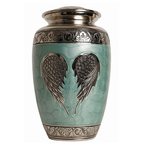 Angle Wings Cremation Urn - 10x6.5 Inches | Hand Engraved Brass, Polished Finish, Modern Arts Style