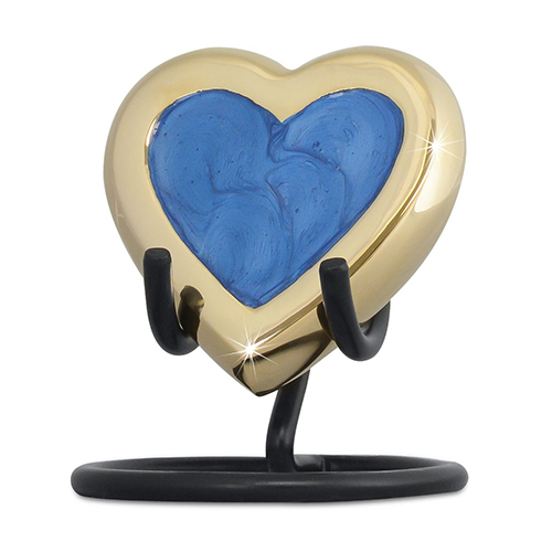 नर और मादा की राख के लिए नीले इनेमल वाले धातु के दिल के स्मृति कलश