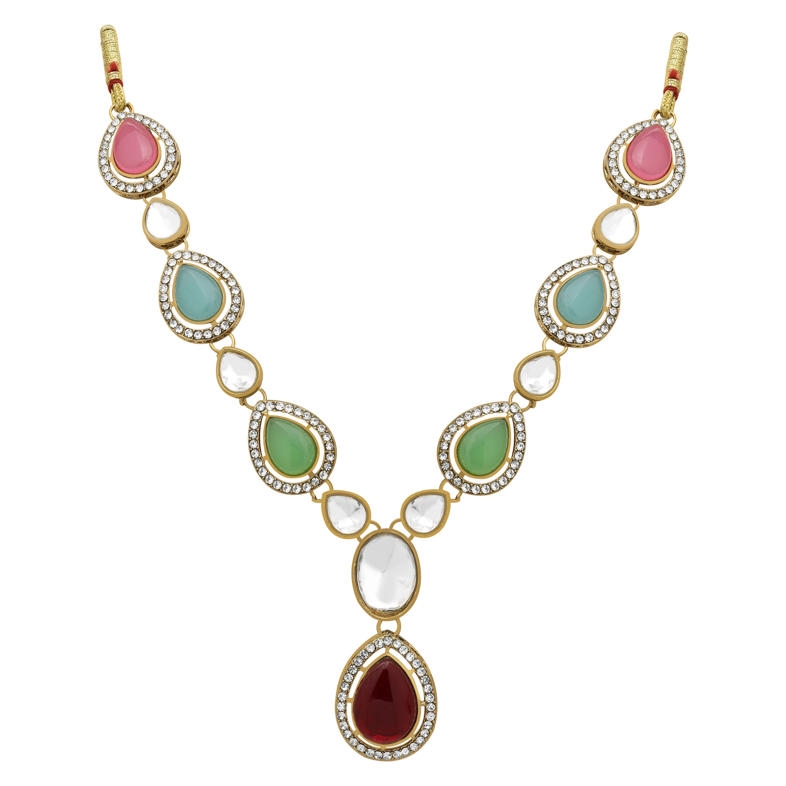 Oval Splendor Mehandi Plated Kundan Choker Set - Alloy Construction, Necklace Length 24.5 Cm, Multicolor, Channel Setting | Includes Choker, Earrings, Maangtikka, Adjustable Ring