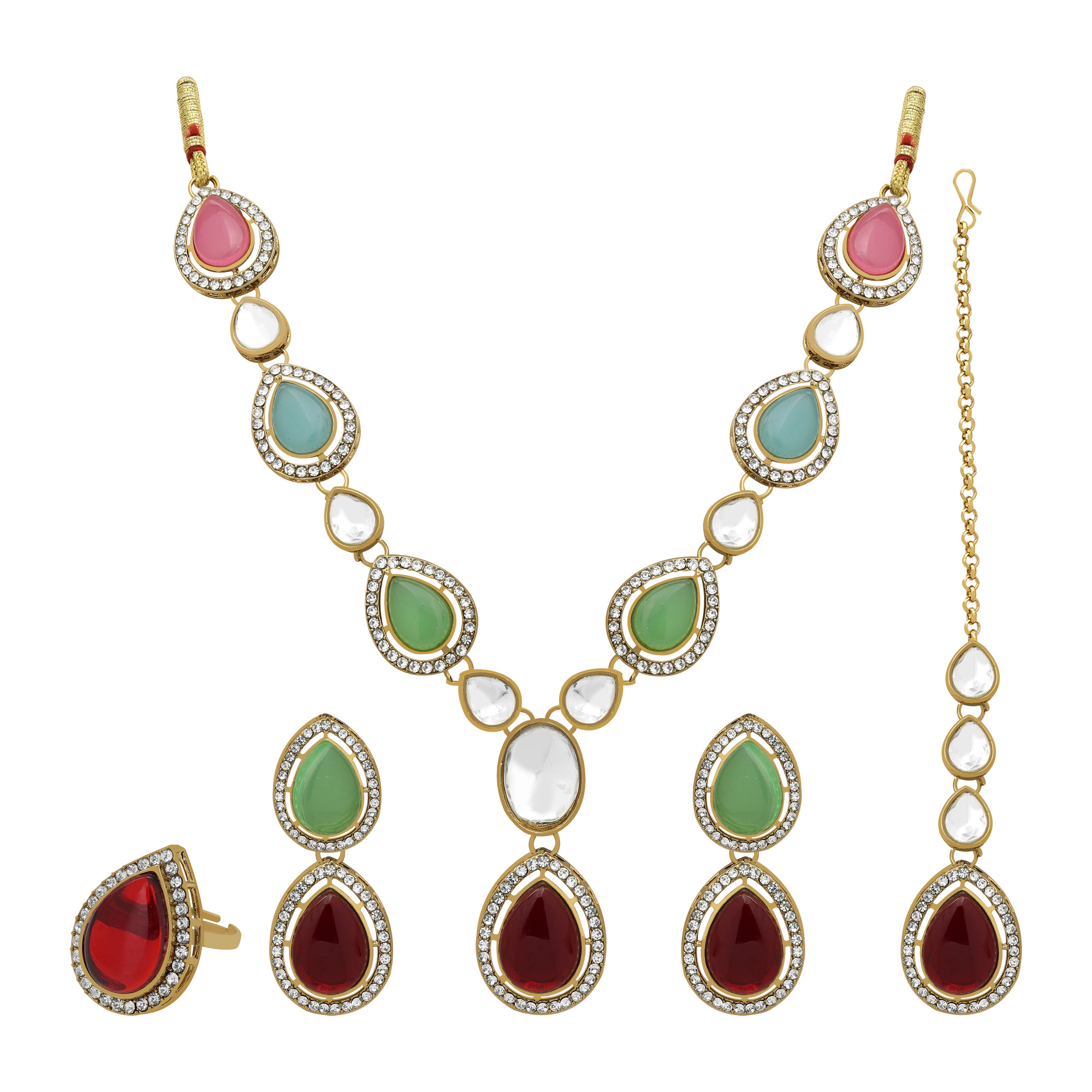 Oval Splendor Mehandi Plated Kundan Choker Set - Alloy Construction, Necklace Length 24.5 Cm, Multicolor, Channel Setting | Includes Choker, Earrings, Maangtikka, Adjustable Ring