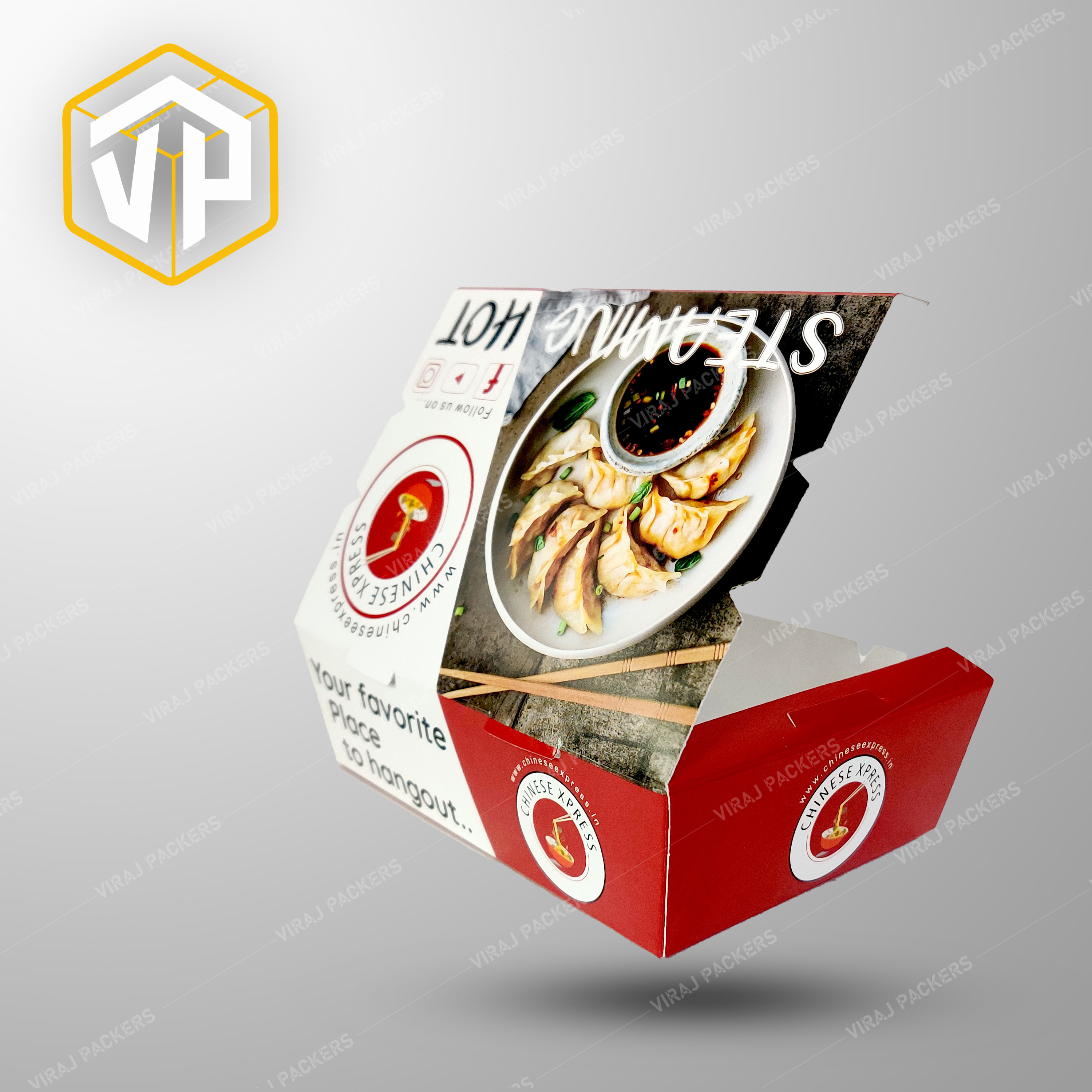 Momos Packaging Boxes - Paper, Customized Size, Glossy Lamination | Secure Tab-lock Closure, Grease-resistant Interior, Clear Window, Ventilation Holes
