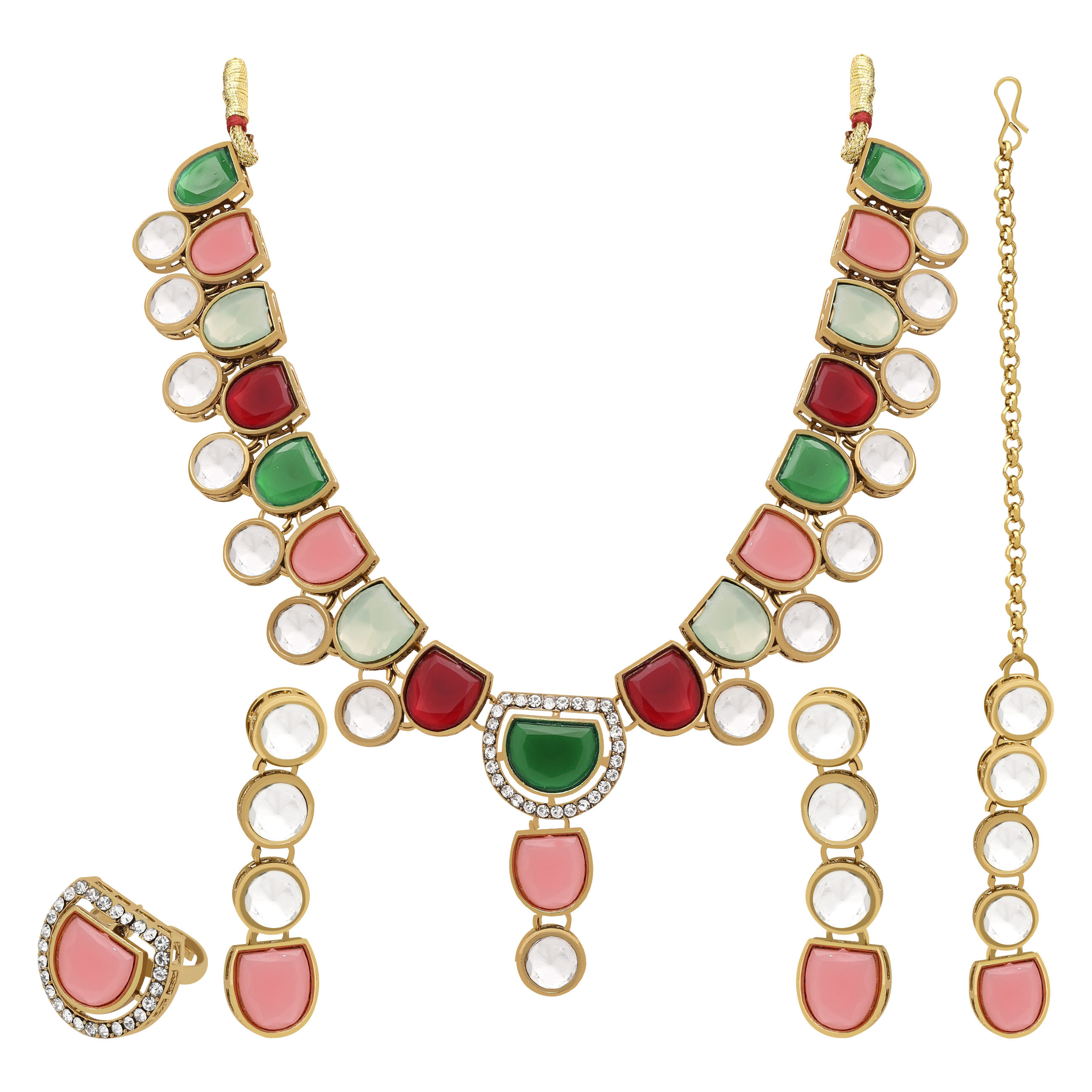 Timeless Beauty Kundan Choker Necklace Set - Alloy, Necklace Length 26 Cm, Width 4.5 Cm, Multicolor | Includes Choker, Earrings, Maangtikka, Adjustable Finger Ring