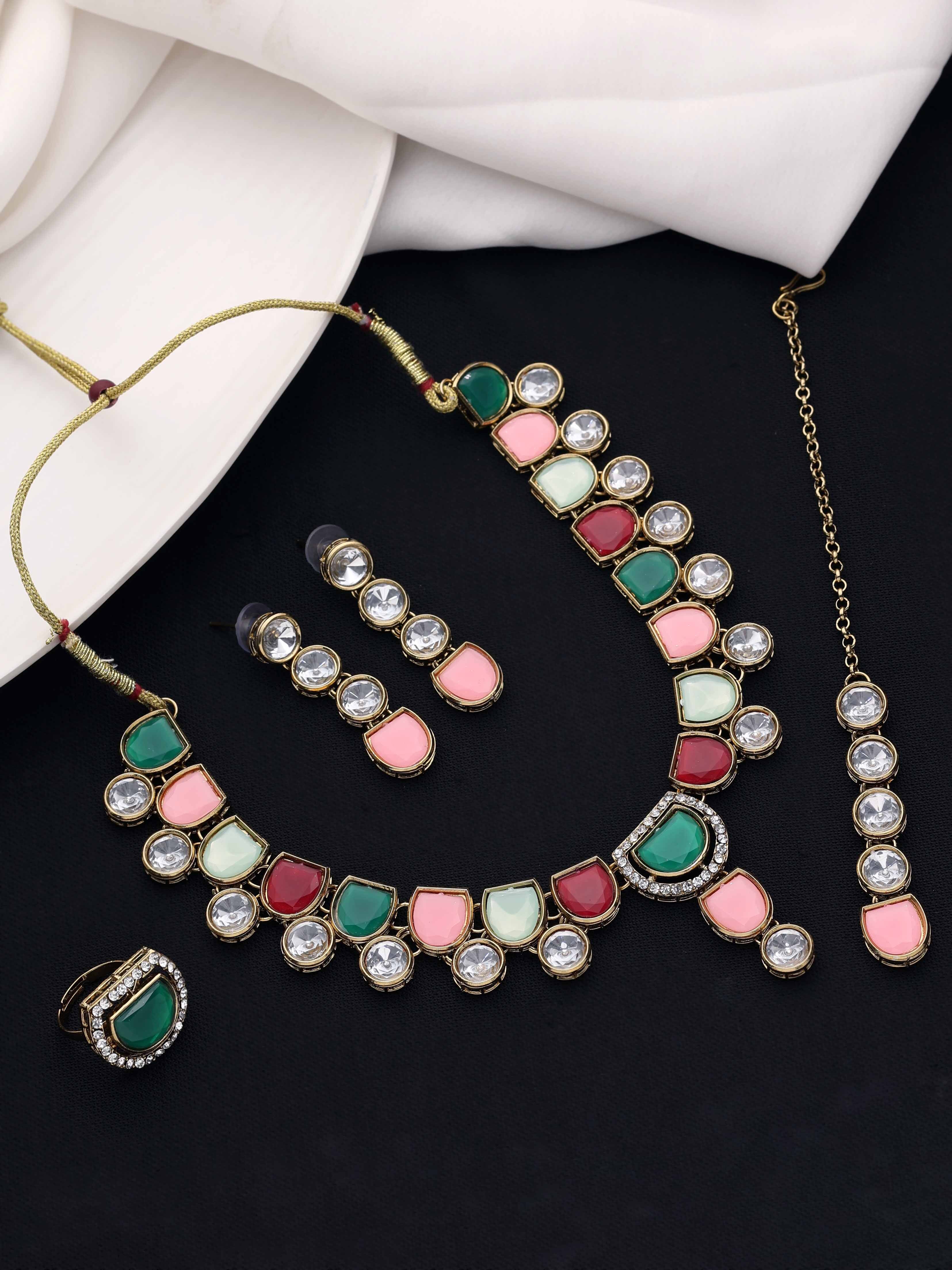 Timeless Beauty Kundan Choker Necklace Set - Alloy, Necklace Length 26 Cm, Width 4.5 Cm, Multicolor | Includes Choker, Earrings, Maangtikka, Adjustable Finger Ring