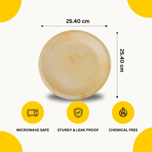 Areca Leaf Round Plate - 10 Inch, Beige Color, Disposable Material For Restaurants, Hotels, And Shops