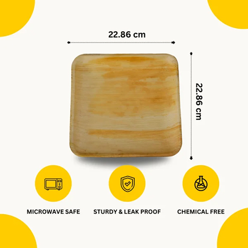 9 Inch Areca Leaf Square Plate - Areca Leaf Material, 9 Inch Size, Beige Color | Disposable Tableware For Restaurants, Hotels, And Shops