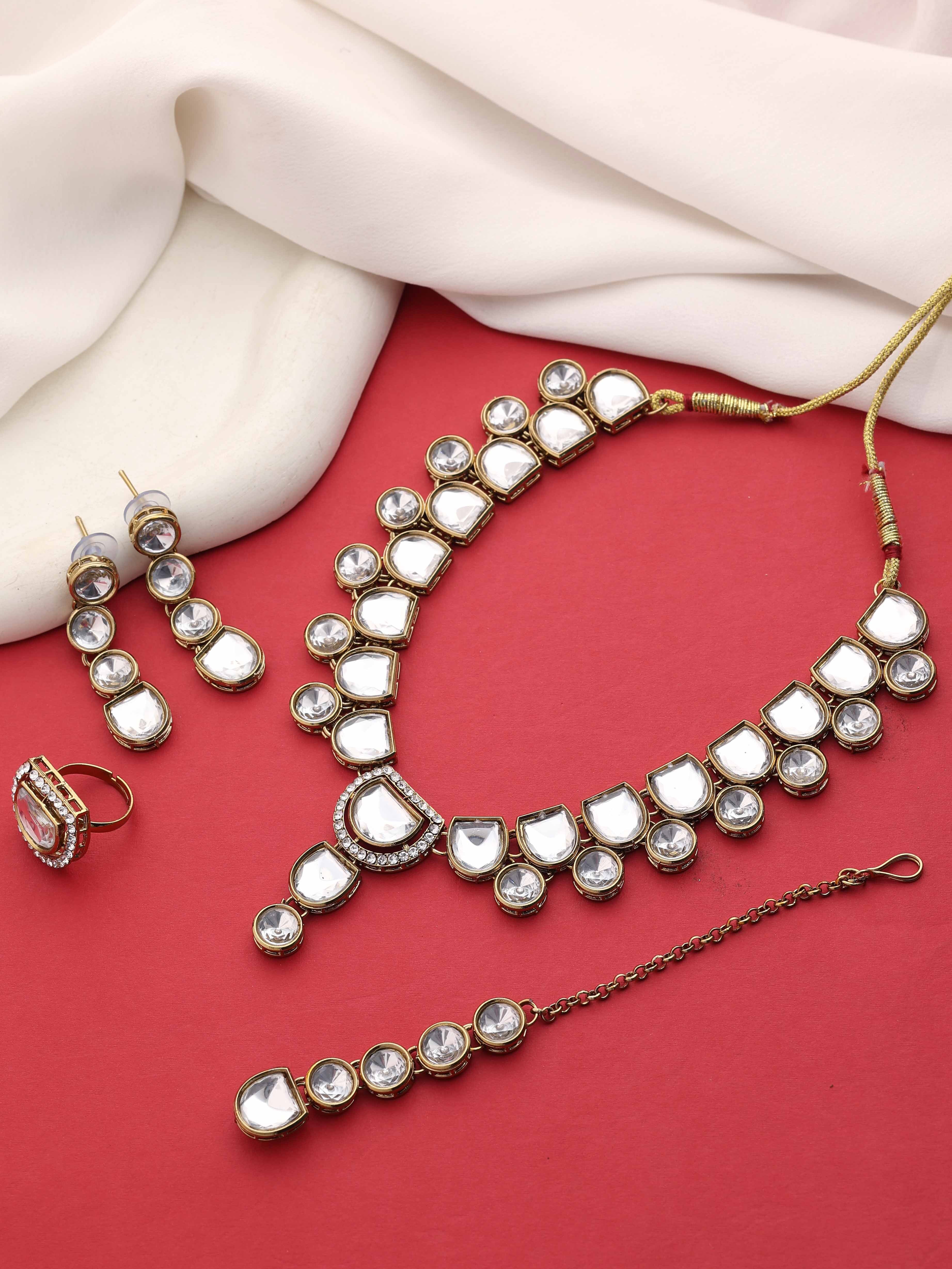 Timeless Beauty Kundan Choker Necklace Set - Alloy, Necklace Length 26 Cm, Width 4.5 Cm, Earrings Length 5 Cm, Color: White | Adjustable Size, Mehandi Plated, Perfect For Weddings