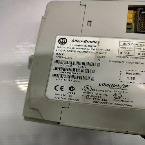 Allen Bradley 1769-l32e Controller Module - Industrial-grade Plastic, 118x87x87 Mm, 32-bit Processor | 32 Kb Memory, Ethernet/ip, Dual Serial Ports, Din Rail Mountable, Supports 16 I/o Modules