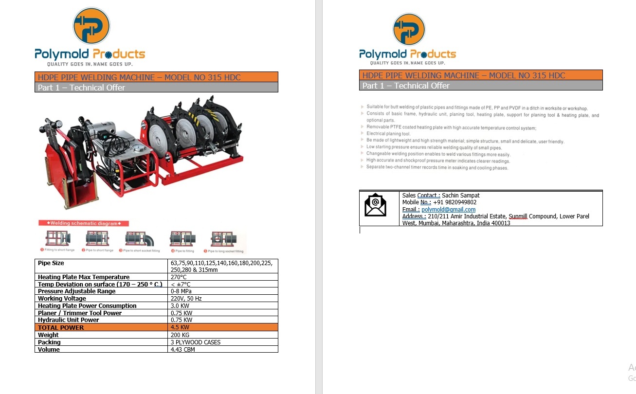 Hydraulic 315 Hdc Hdpe Pipe Welding Machine - Efficiency: High