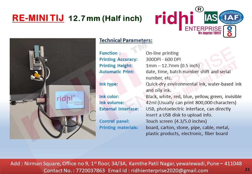 Mini Tij Coding Machine - Metal, 12.7mm, 1.2kg | Automatic Batch Coding, 600dpi Resolution, Touch Screen, Usb Interface, Quick-dry Inks