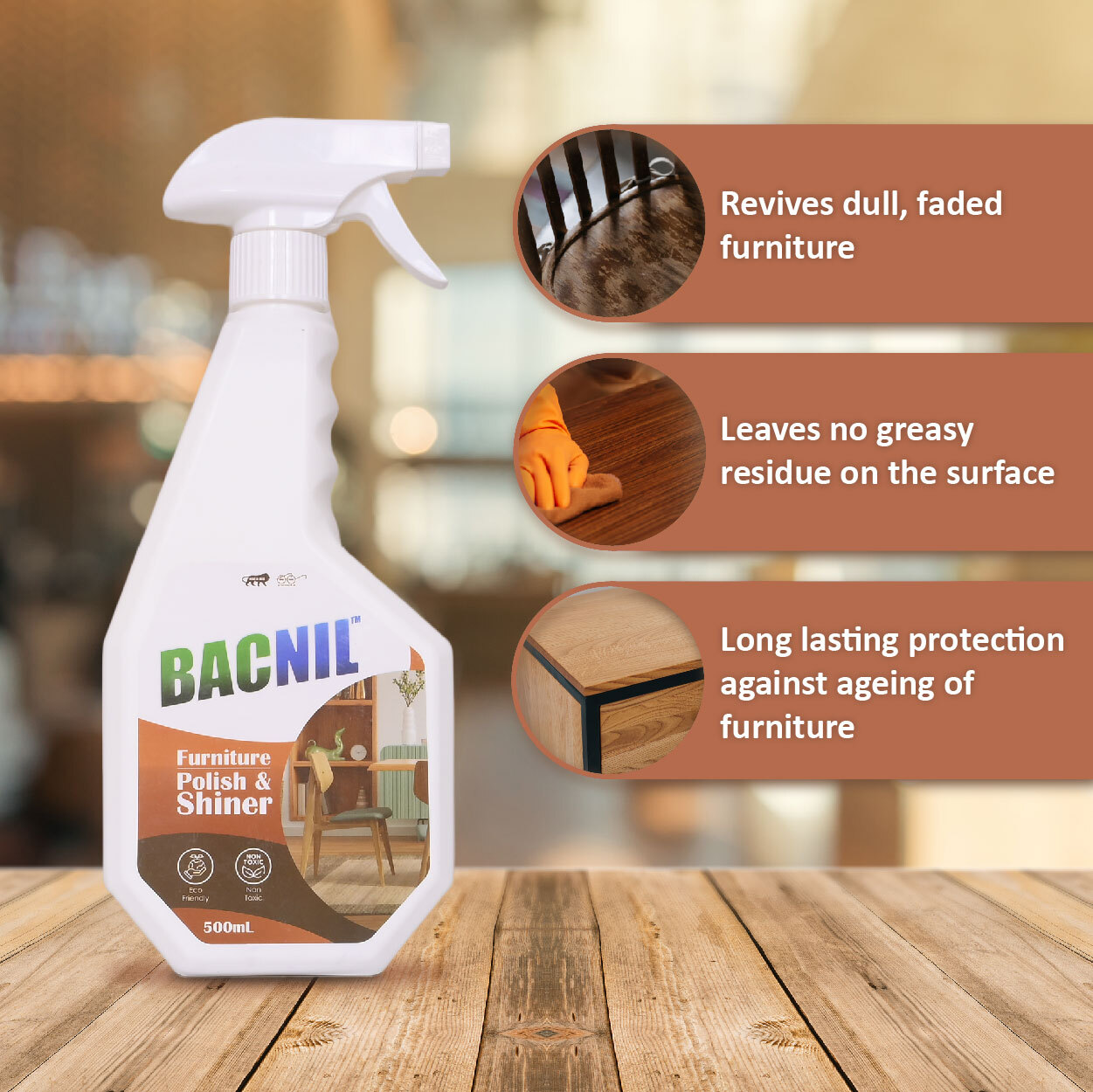 Bacnil Furniture Polish And Shiner 500ml - Hdpe Material White Shade | Nourishing Formula For Long-lasting Shine On Industrial Furniture
