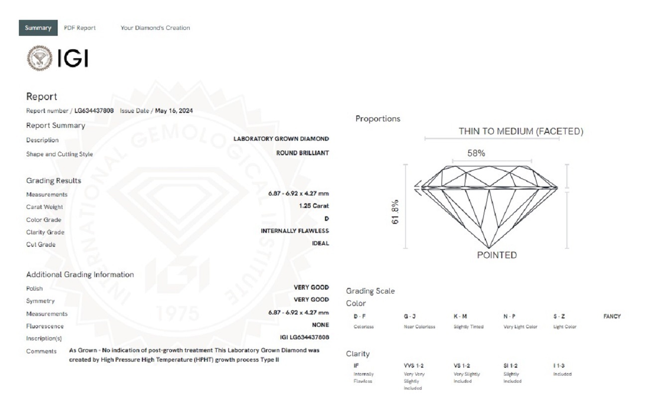 Round 1.25ct D If Igi 634437808 Lab Grown Diamond - Density: 10
