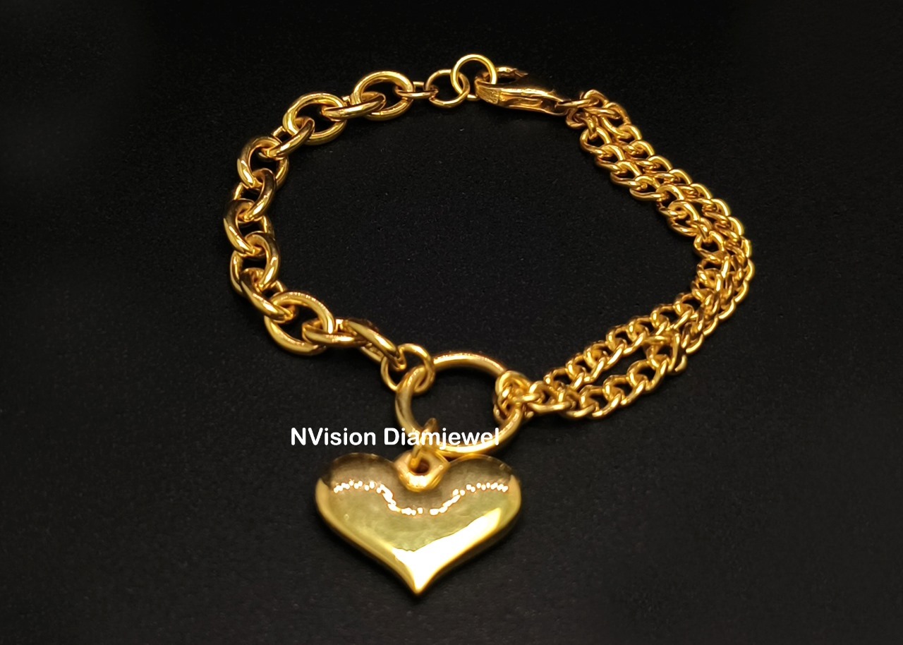 Golden Weaved Chains Heart Charm Bracelet - 22 Kt Yellow Gold , Natural Diamond Adornments, Customised Design, Trustworthy Ethical Sourcing, Zero Inventory Policy, Door-to-door Insurance Coverage