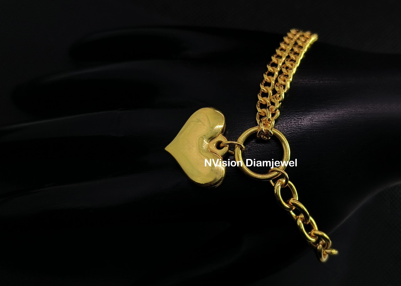Golden Weaved Chains Heart Charm Bracelet - 22 Kt Yellow Gold , Natural Diamond Adornments, Customised Design, Trustworthy Ethical Sourcing, Zero Inventory Policy, Door-to-door Insurance Coverage