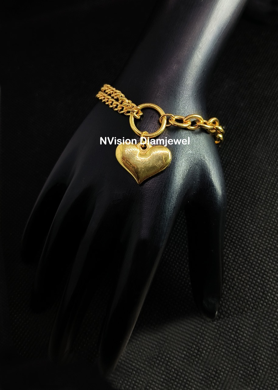 Golden Weaved Chains Heart Charm Bracelet - 22 Kt Yellow Gold , Natural Diamond Adornments, Customised Design, Trustworthy Ethical Sourcing, Zero Inventory Policy, Door-to-door Insurance Coverage