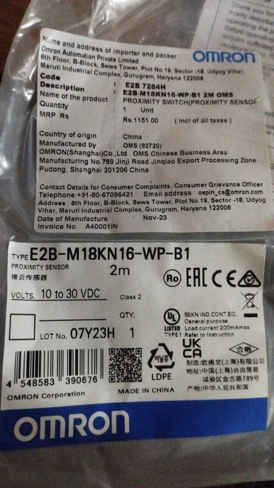 Omron Proximity Sensor ,E2a-m30kn20-wp-b2, E2a-m30kn20-wp-c1, E2a-m30kn20-wp-c2, E2a-m30kn20-wpc1. E2a-m30kn20-m1-c2, E2a-m30kn20-m1-b1, E2g-s08kn04-m1-d1, E2g-m12kn08-m1-d1