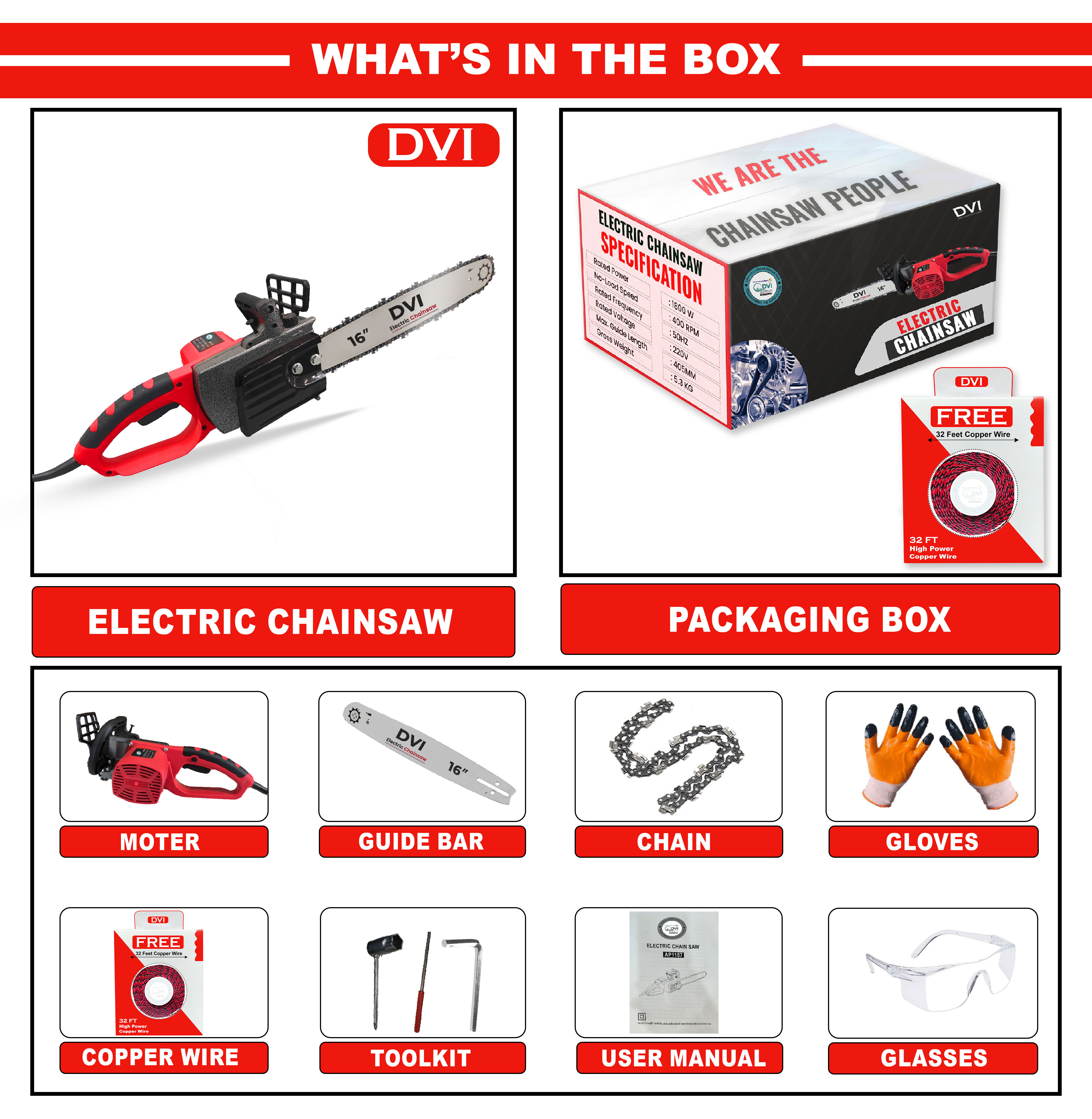 Electric Chain Saw Machine - Stainless Steel, 16 Inch Blade Size, Red Color, 1800 W Power, 400 Rpm Speed, 5.3 Kg Weight, Ideal For Forest Cutting And Pruning Branches