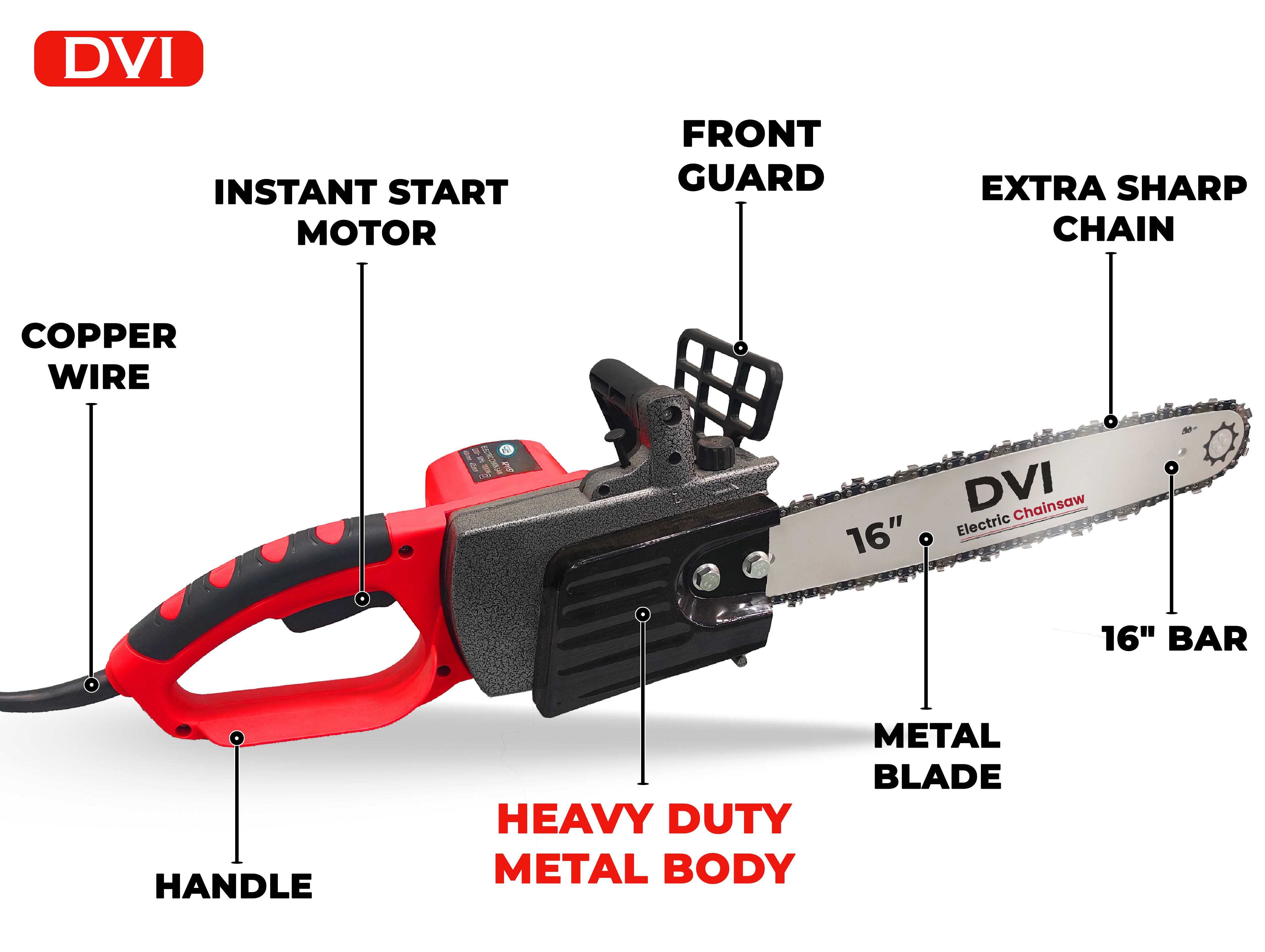 Electric Chain Saw Machine - Stainless Steel, 16 Inch Blade Size, Red Color, 1800 W Power, 400 Rpm Speed, 5.3 Kg Weight, Ideal For Forest Cutting And Pruning Branches