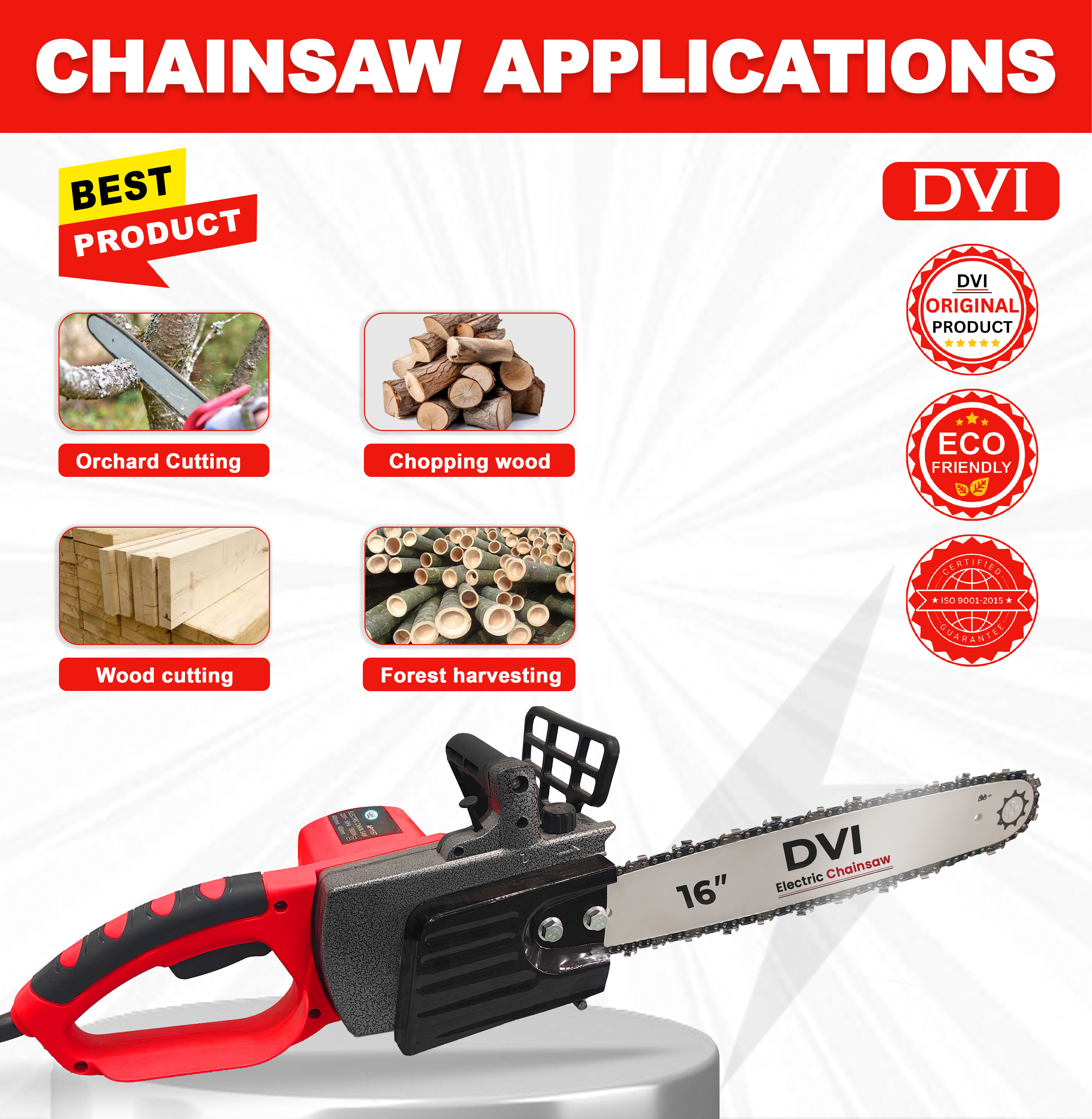 Electric Chain Saw Machine - Stainless Steel, 16 Inch Blade Size, Red Color, 1800 W Power, 400 Rpm Speed, 5.3 Kg Weight, Ideal For Forest Cutting And Pruning Branches