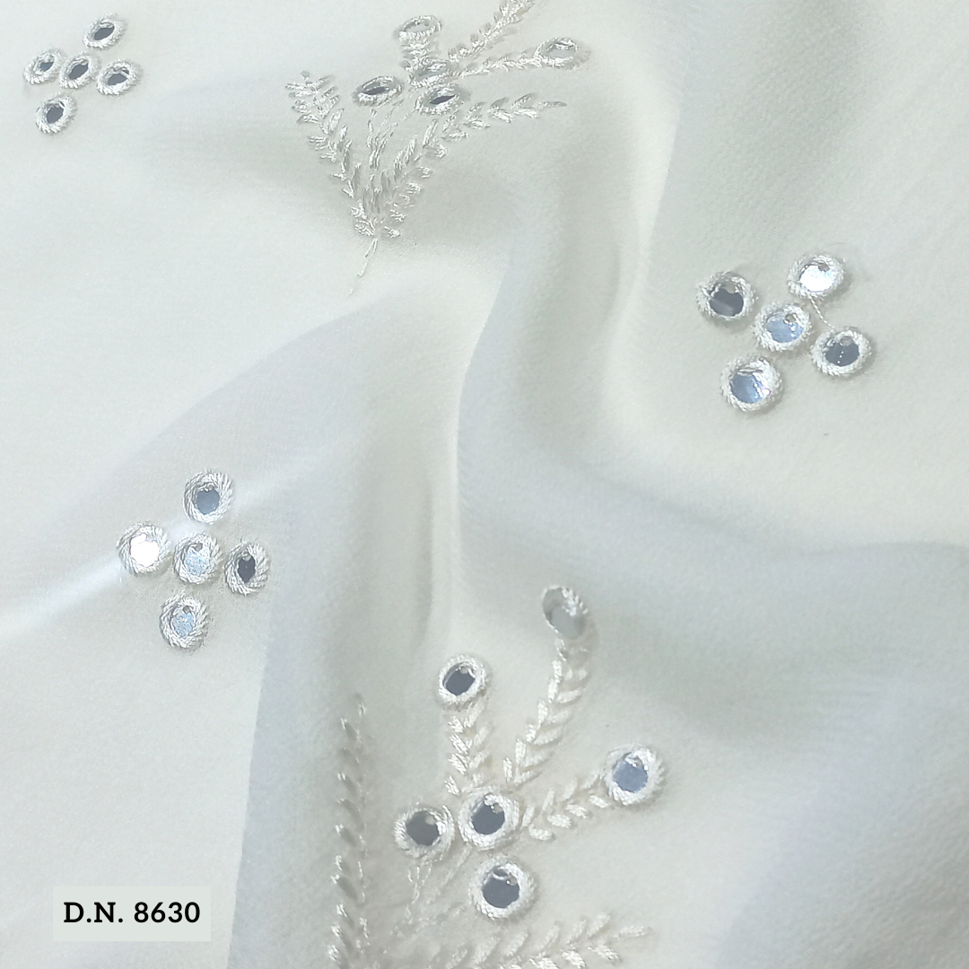 White Dyeable Mirror Work Fabric - Blend Fabrics, 44 Inch Width, Multicolor, Machined Embroidered | Comfortable & Soft, Versatile For Kurtis, Sarees, Blouses, Dupattas, And More