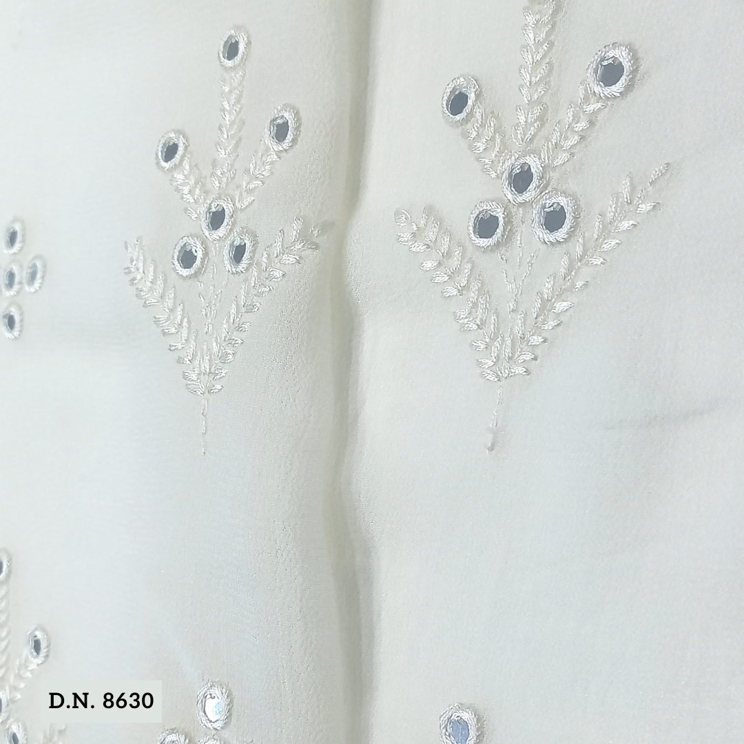 White Dyeable Mirror Work Fabric - Blend Fabrics, 44 Inch Width, Multicolor, Machined Embroidered | Comfortable & Soft, Versatile For Kurtis, Sarees, Blouses, Dupattas, And More