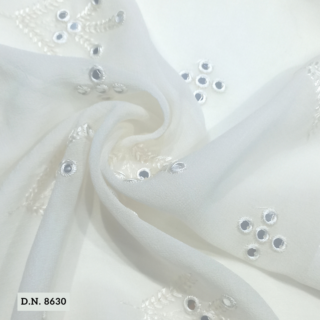 White Dyeable Mirror Work Fabric - Blend Fabrics, 44 Inch Width, Multicolor, Machined Embroidered | Comfortable & Soft, Versatile For Kurtis, Sarees, Blouses, Dupattas, And More