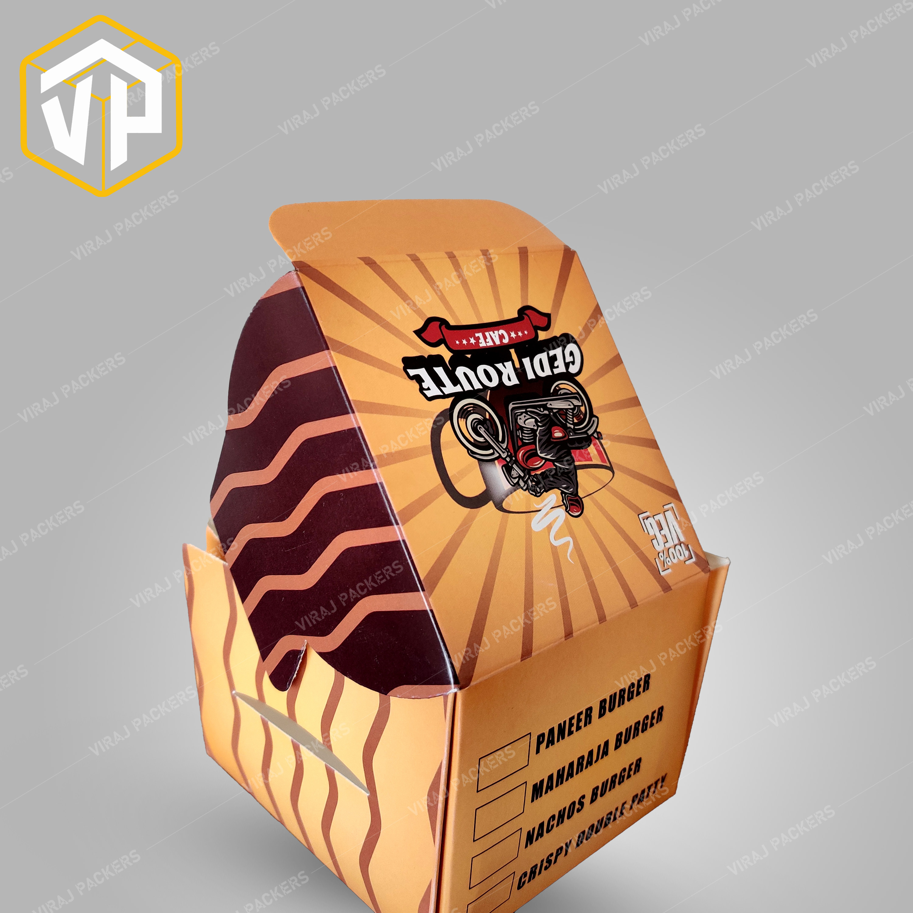 Burger / Wrap Rolls Packaging Boxes - Eco-friendly Paper, Customized Size, Glossy Lamination | Grease-resistant, Ventilated Design, Easy-to-fold Flaps, Custom Branding