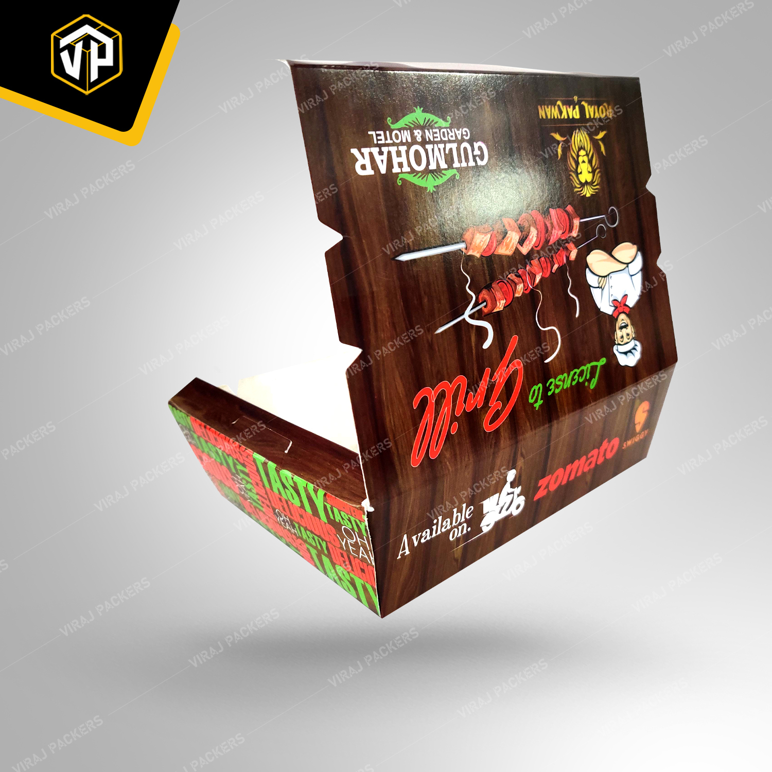 Kabab Food Packaging Boxes - Paper Material, Customized Size, Glossy Lamination , Grease-resistant, Ventilated Design, Secure Closure, Custom Branding Options