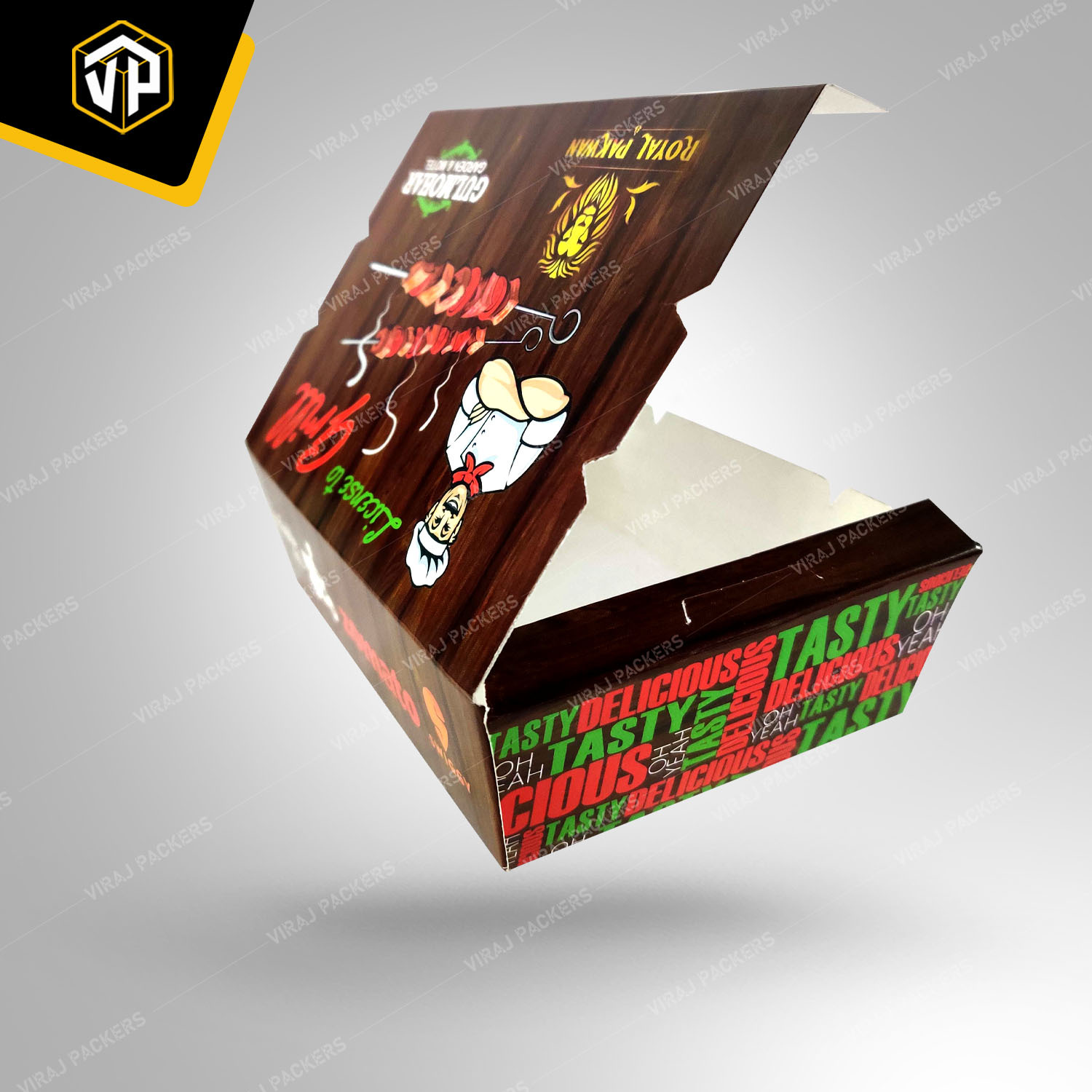 Kabab Food Packaging Boxes - Paper Material, Customized Size, Glossy Lamination , Grease-resistant, Ventilated Design, Secure Closure, Custom Branding Options