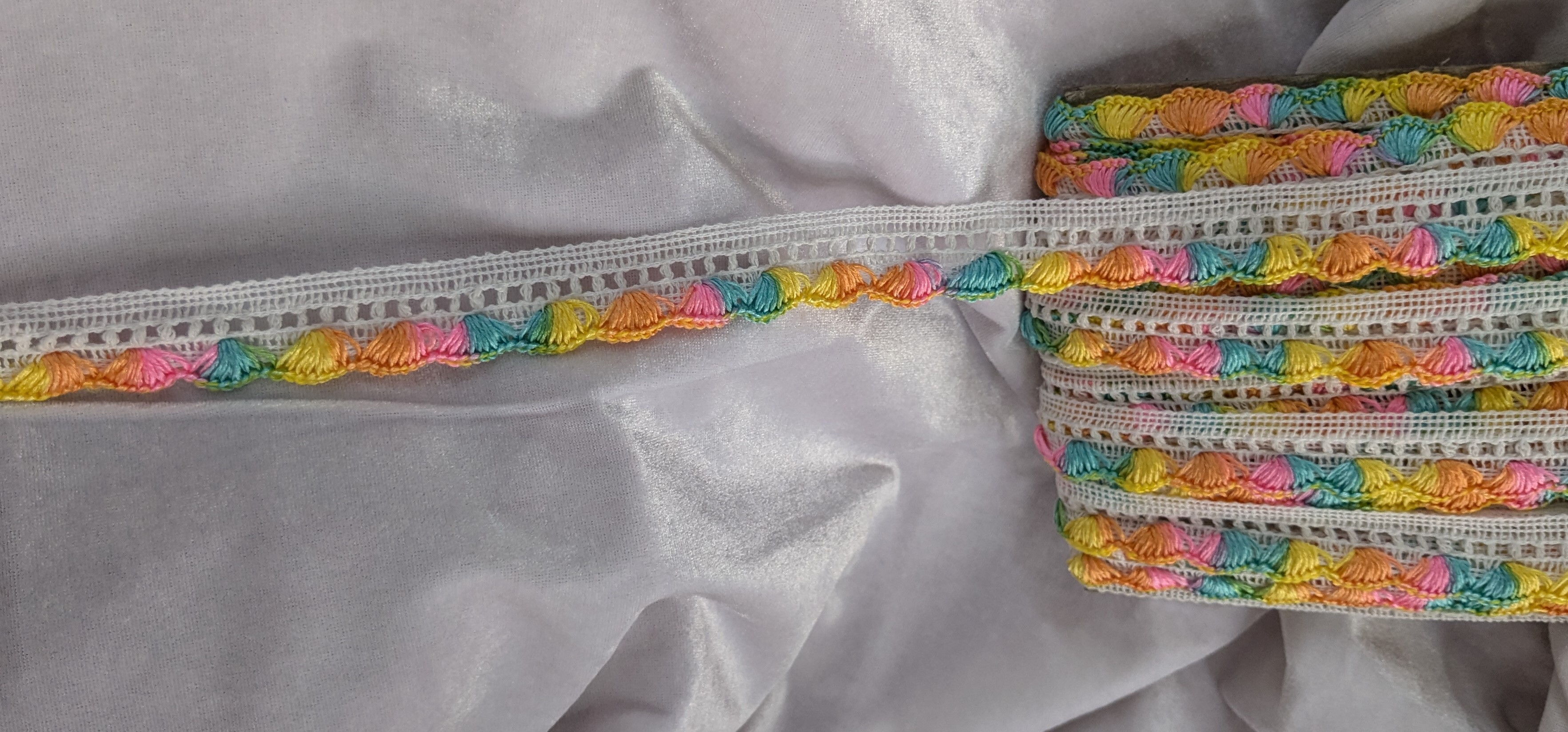 Multi Pankha Lace - Cotton And Silk Blend, 9/18 Meter Lengths | Multi-color Shimmering Decorative Knitted Design, One-sided 1 Inch Width