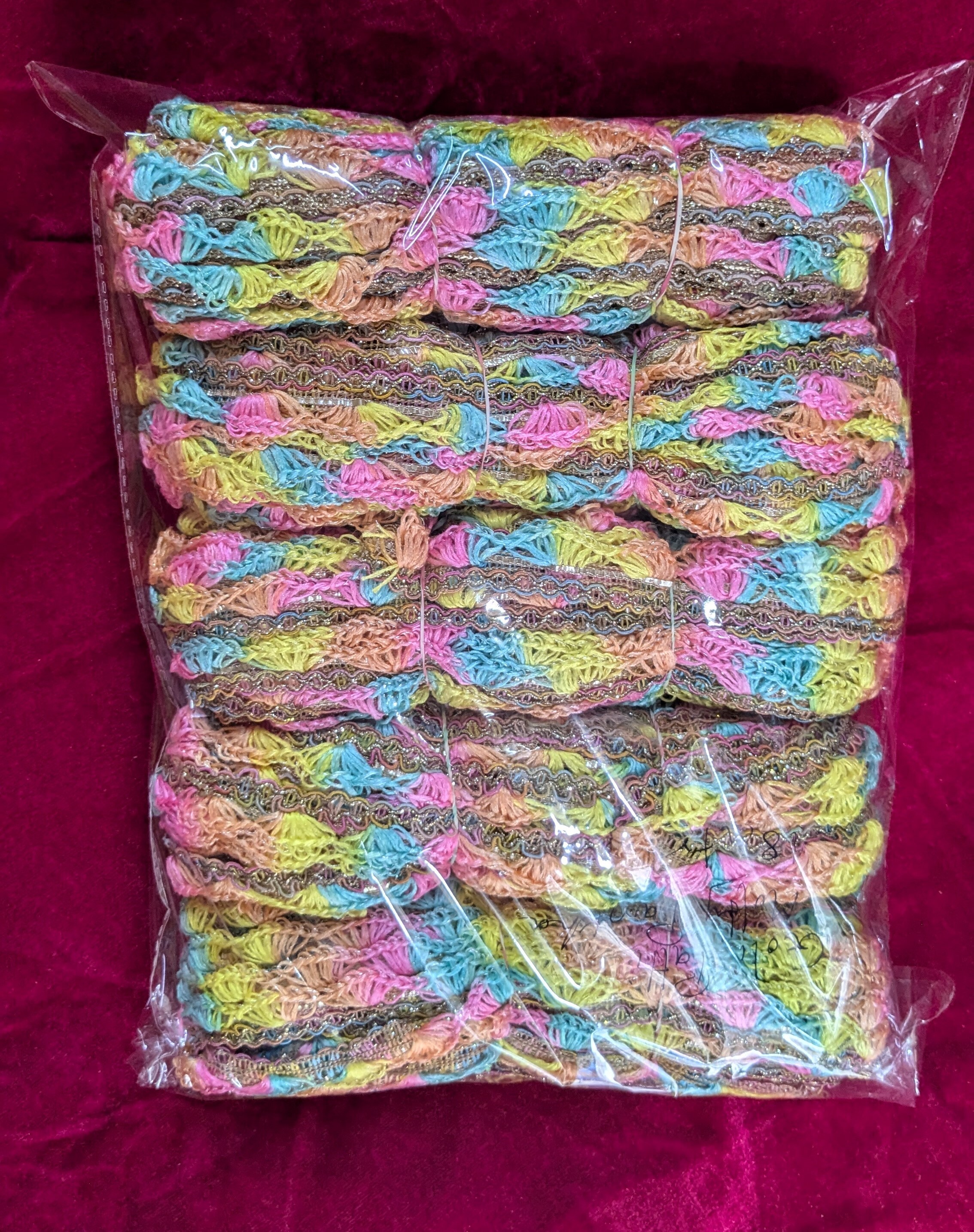 Multi Pankha Lace - Cotton And Silk Blend, 9/18 Meter Lengths | Multi-color Shimmering Decorative Knitted Design, One-sided 1 Inch Width