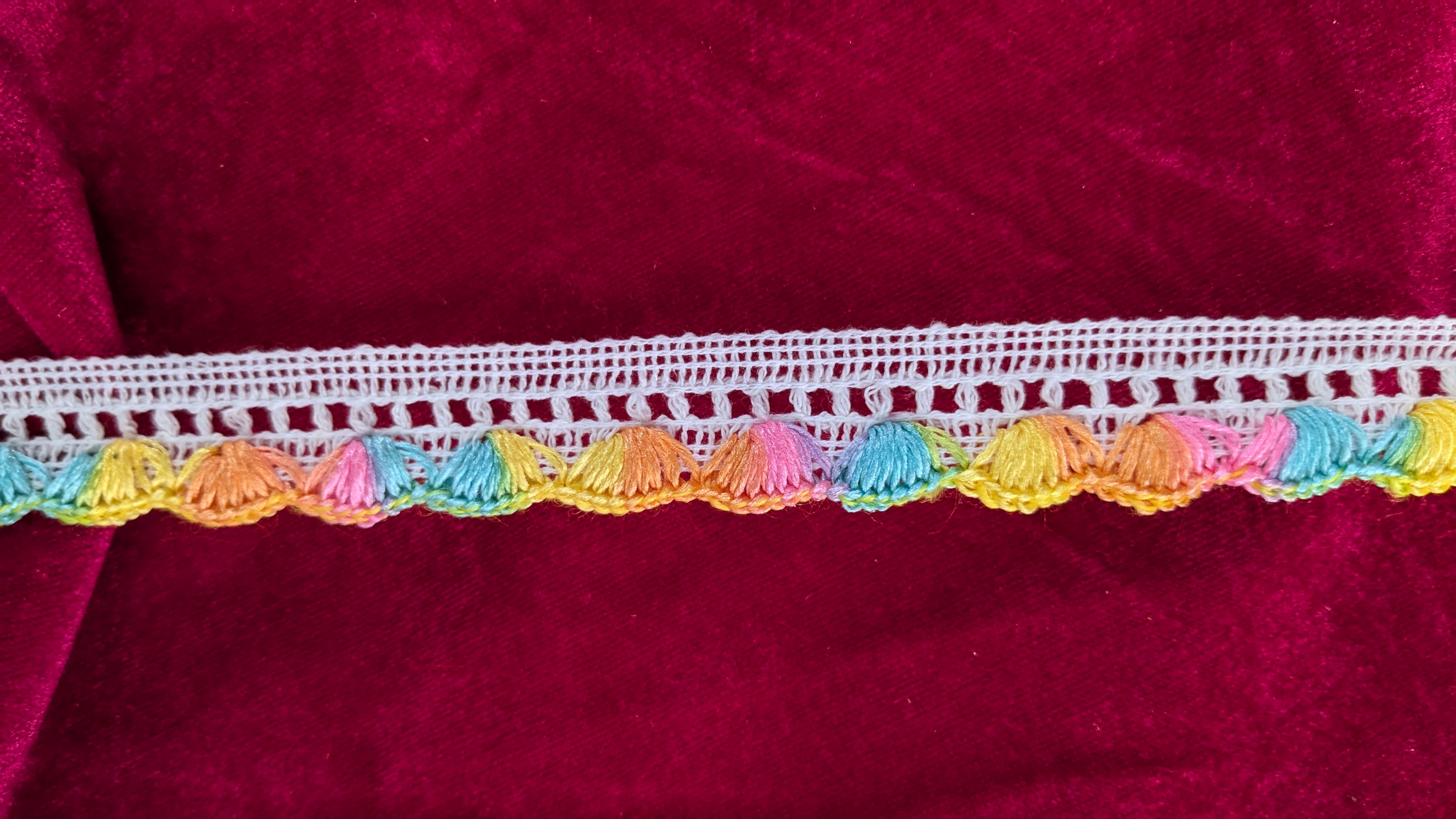 Multi Pankha Lace - Cotton And Silk Blend, 9/18 Meter Lengths | Multi-color Shimmering Decorative Knitted Design, One-sided 1 Inch Width