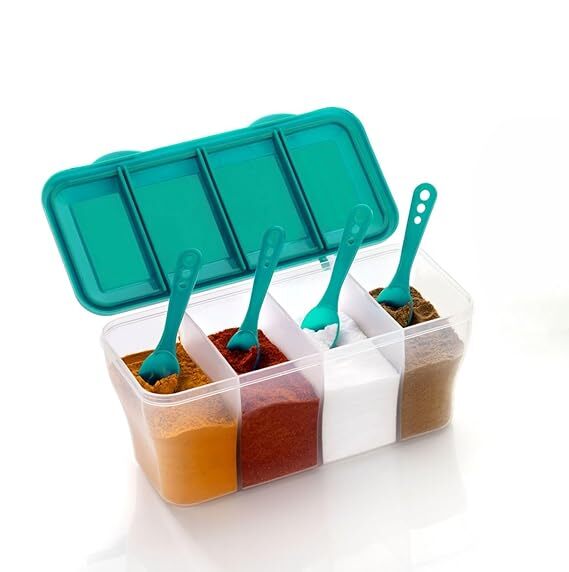 4 Compartment Food Container - Durable Pe Plastic, 5 Cm Size, Multicolour Design | 4 In 1 Masala Box With 1800 Ml Capacity, Easy To Clean Compartments