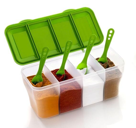 4 Compartment Food Container - Durable Pe Plastic, 5 Cm Size, Multicolour Design | 4 In 1 Masala Box With 1800 Ml Capacity, Easy To Clean Compartments