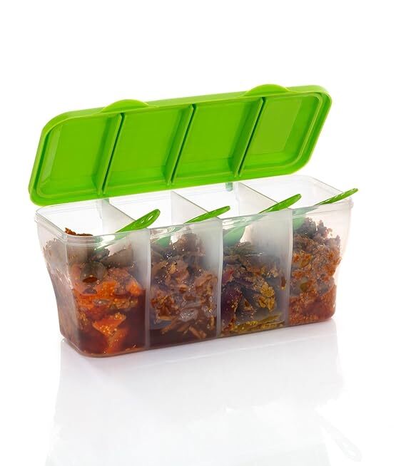4 Compartment Food Container - Durable Pe Plastic, 5 Cm Size, Multicolour Design | 4 In 1 Masala Box With 1800 Ml Capacity, Easy To Clean Compartments