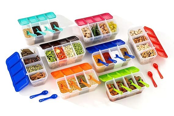4 Compartment Food Container - Durable Pe Plastic, 5 Cm Size, Multicolour Design | 4 In 1 Masala Box With 1800 Ml Capacity, Easy To Clean Compartments