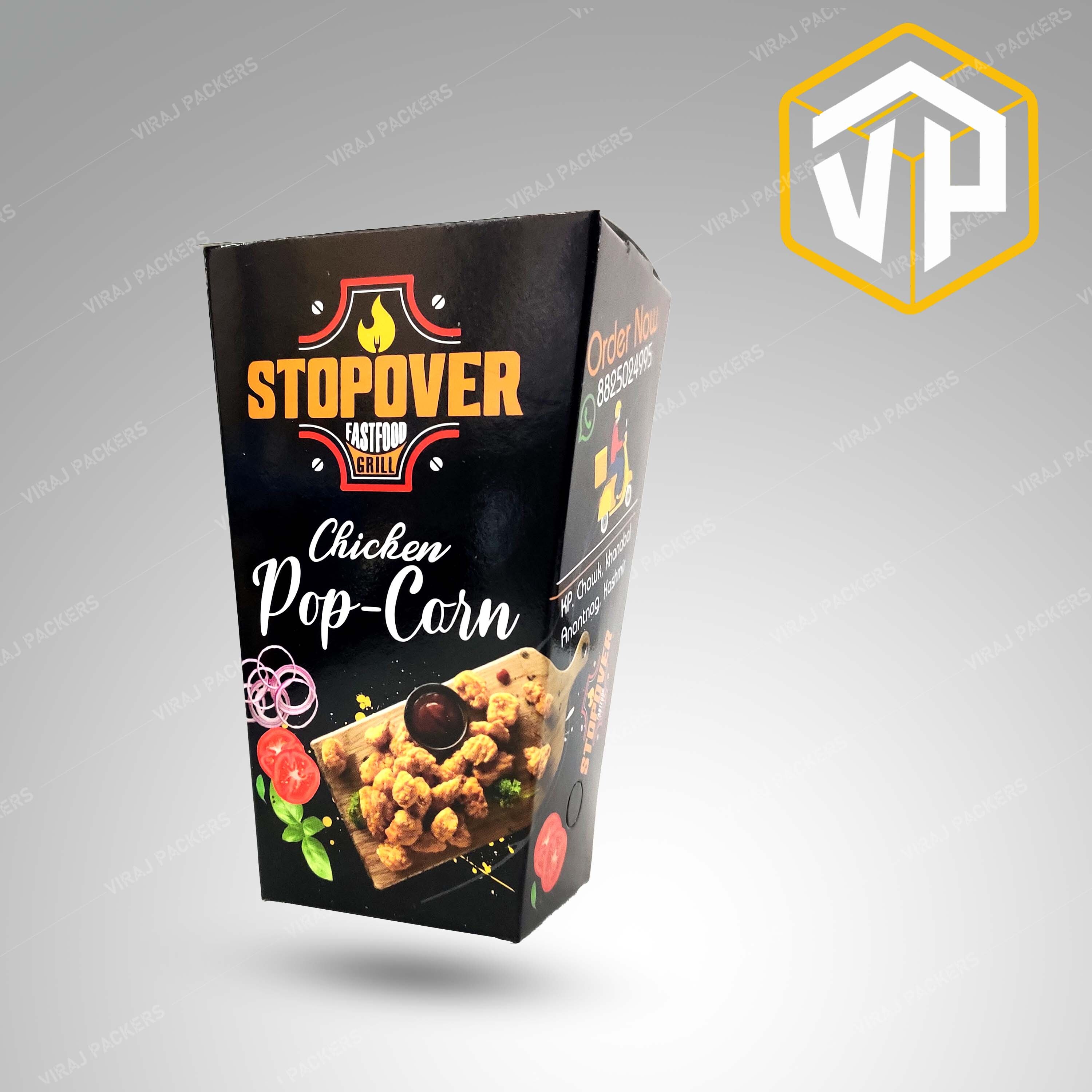 Chicken Popcorn Packaging Box - Paper, Customized Size, Glossy Lamination | Food-grade, Grease-resistant Materials, Attractive Branding