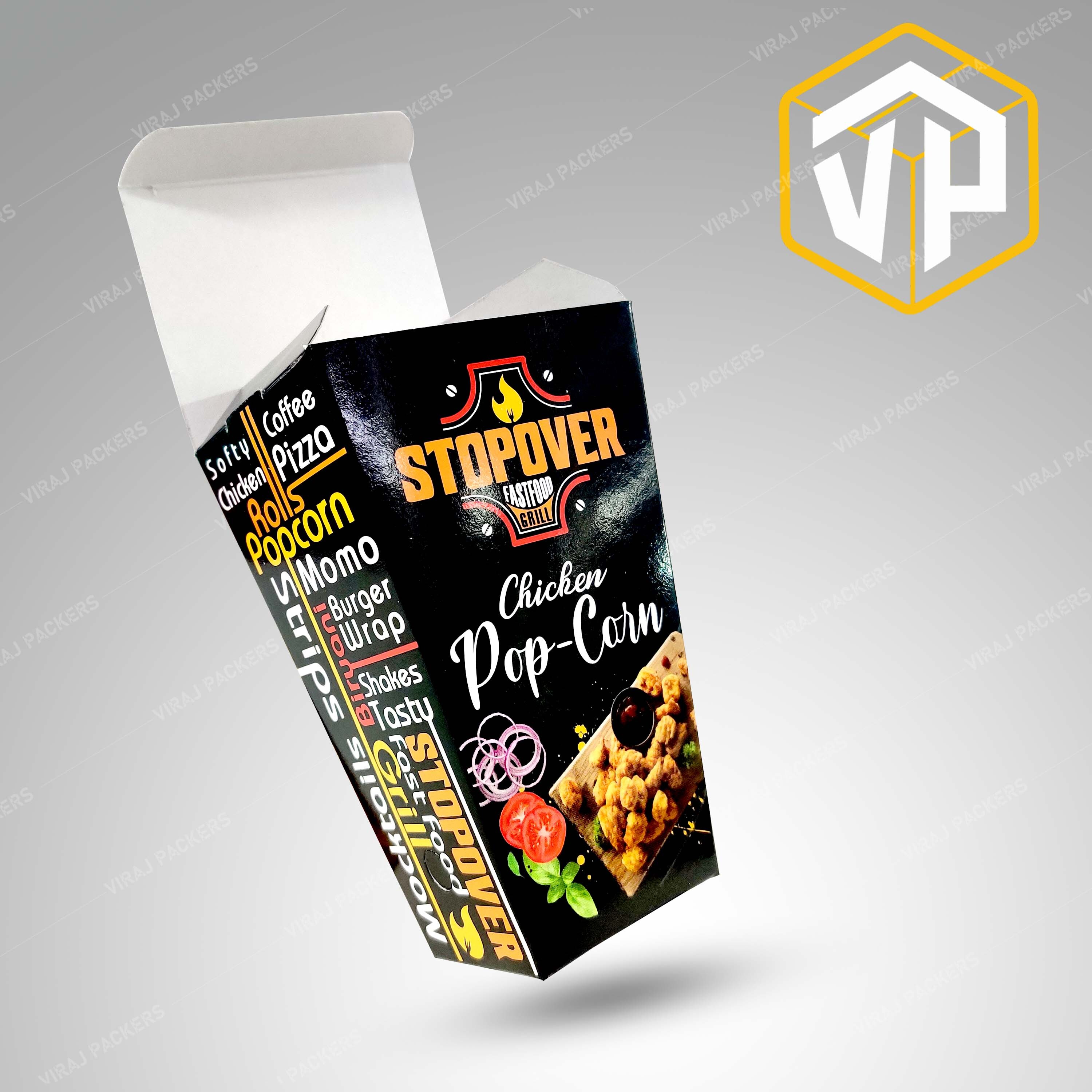 Chicken Popcorn Packaging Box - Paper, Customized Size, Glossy Lamination | Food-grade, Grease-resistant Materials, Attractive Branding