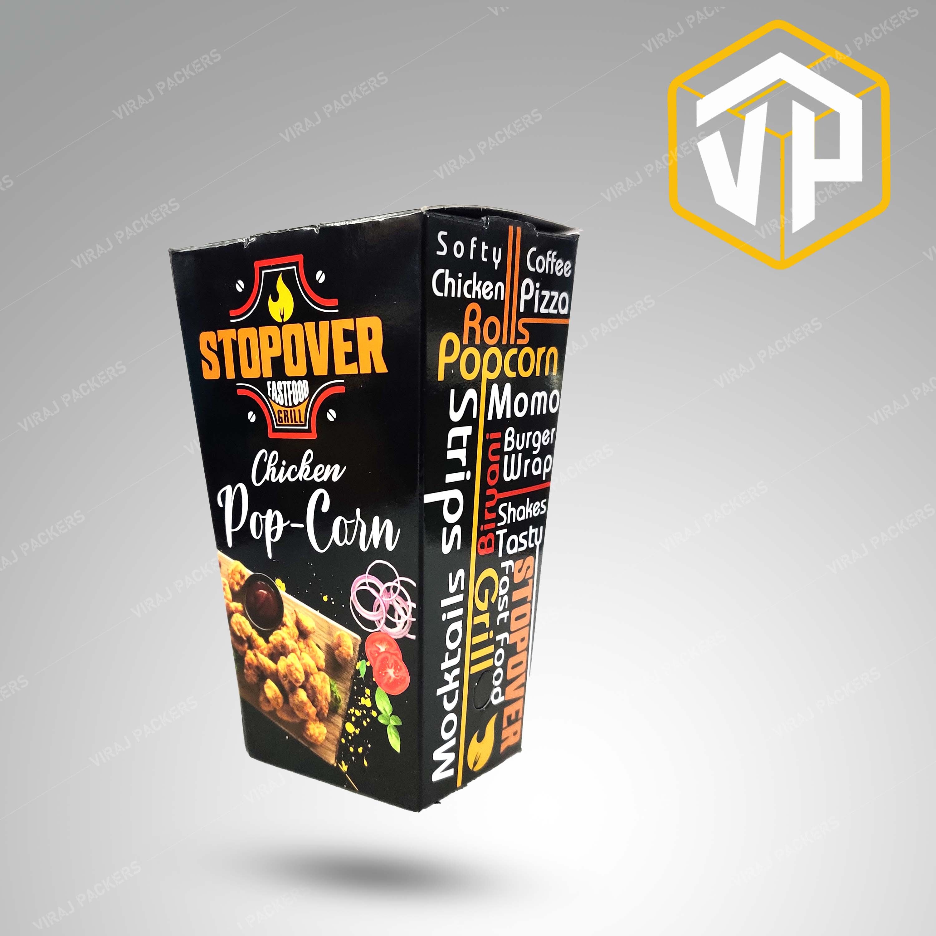 Chicken Popcorn Packaging Box - Paper, Customized Size, Glossy Lamination | Food-grade, Grease-resistant Materials, Attractive Branding