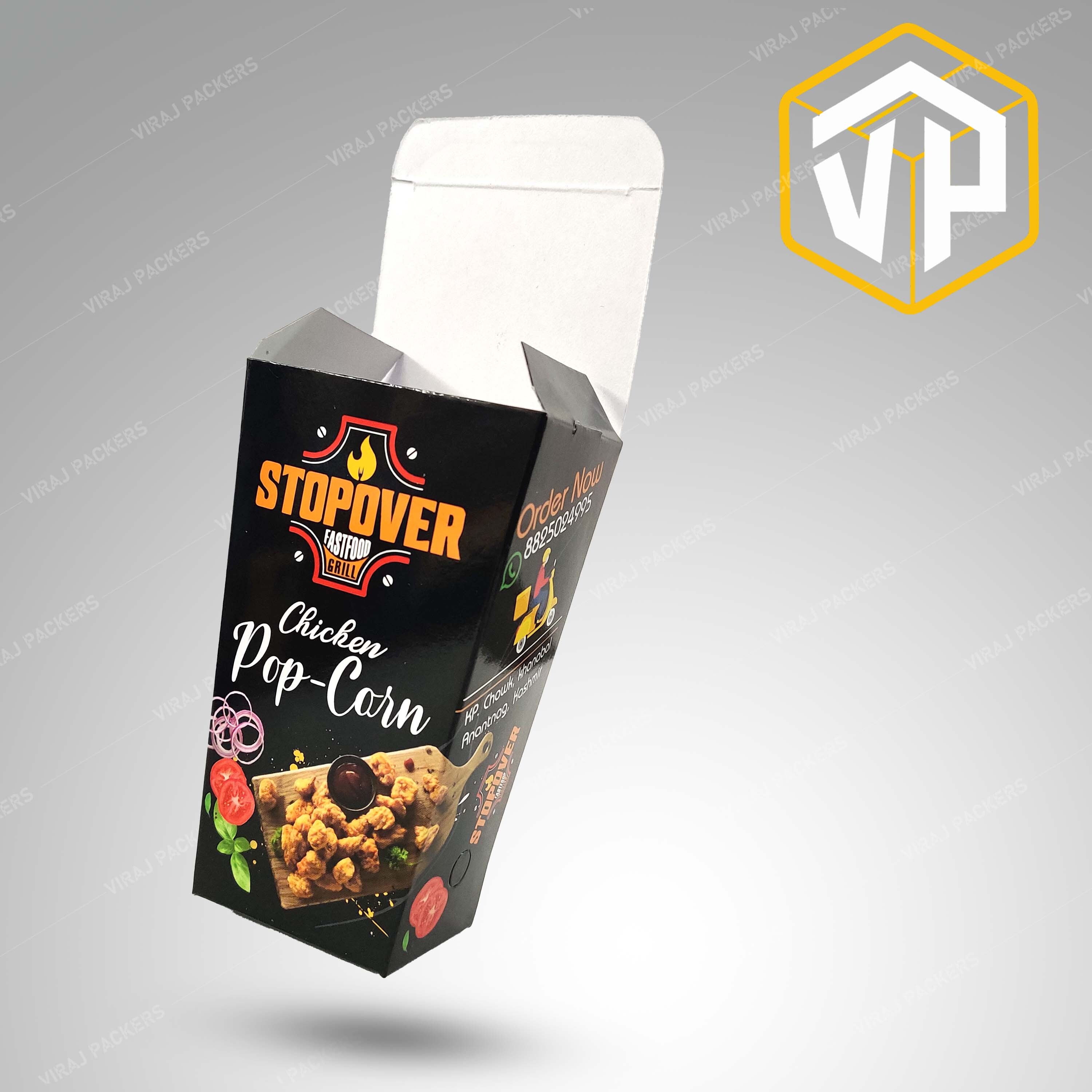 Chicken Popcorn Packaging Box - Paper, Customized Size, Glossy Lamination | Food-grade, Grease-resistant Materials, Attractive Branding